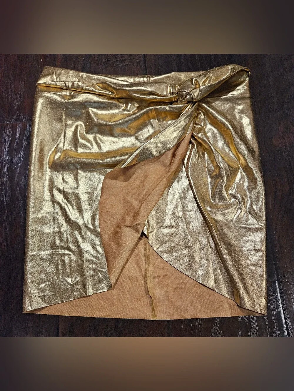 SKIMS Gold Knot-Front Metallic Swim Coverup Skirt